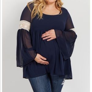 Navy Chiffon Crochet Accent Bell Sleeve Babydoll